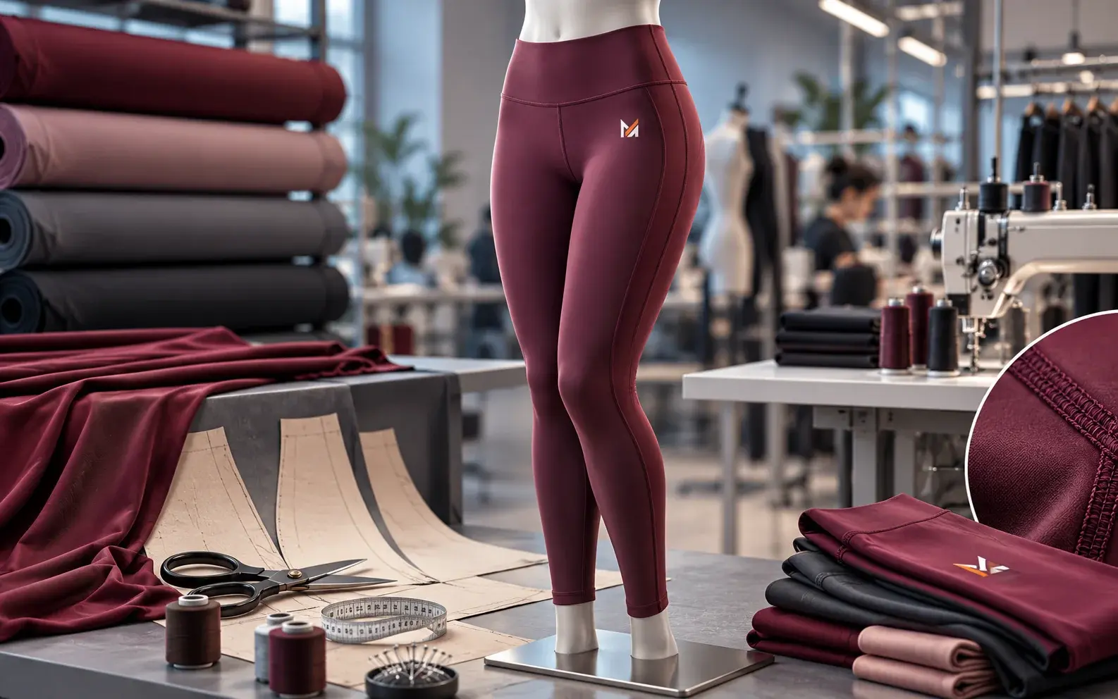Vibrant custom printed leggings with tropical floral artwork in orange, pink, teal, and navy, displayed on a mannequin in a professional print design studio.